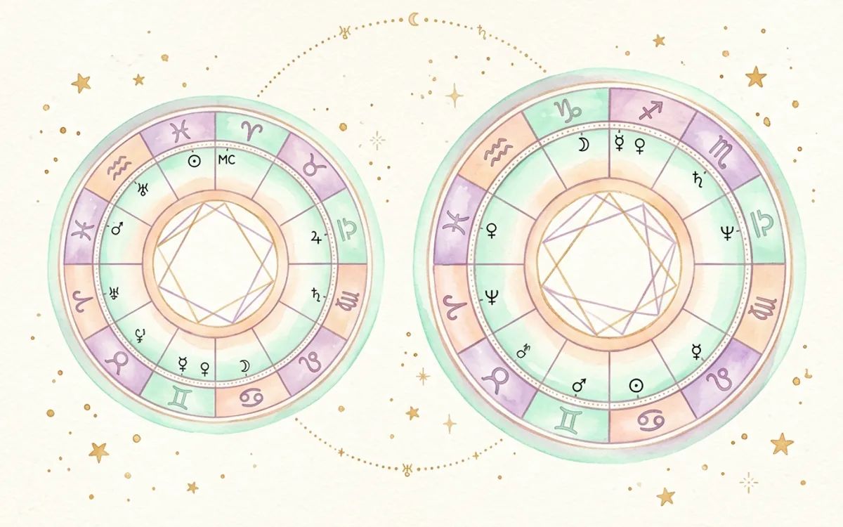 Two birth chart wheels side by side, yours and your business's