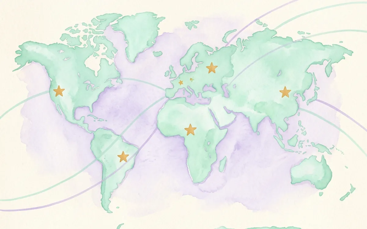A soft world map with planetary lines and five city markers