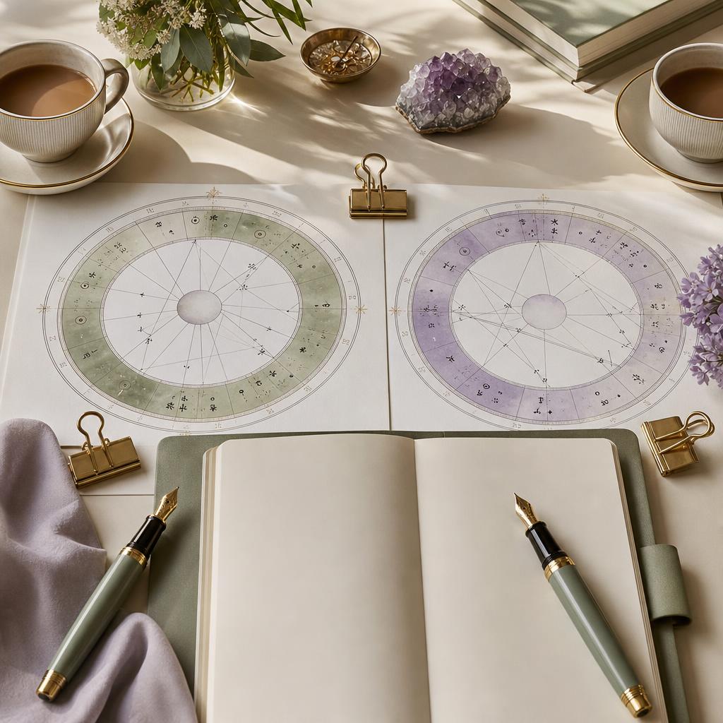 Two natal charts beside a cream notebook, fabric swatches and gold stationery on a polished desk