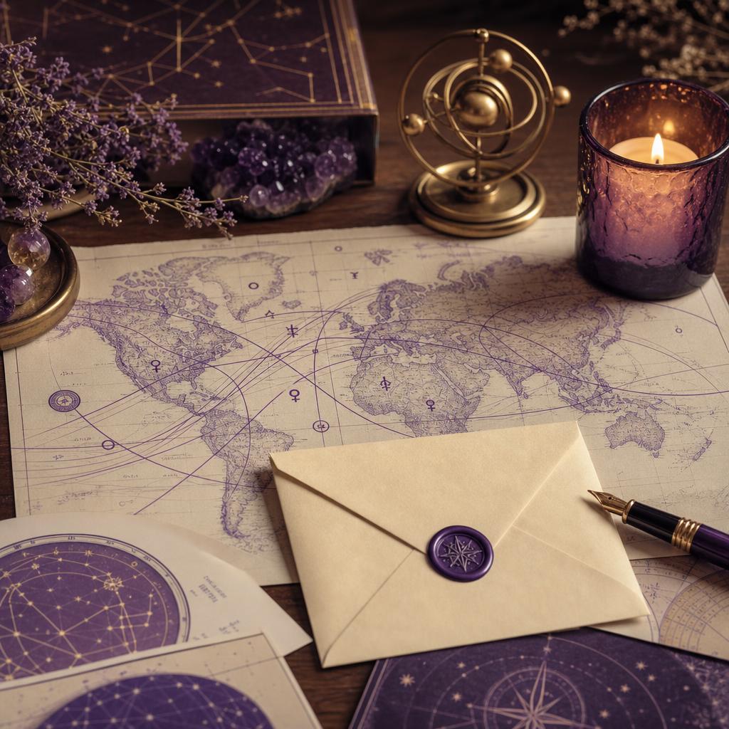 A desk with a hand-drawn astrocartography map, an unopened envelope, a fountain pen and a lit candle