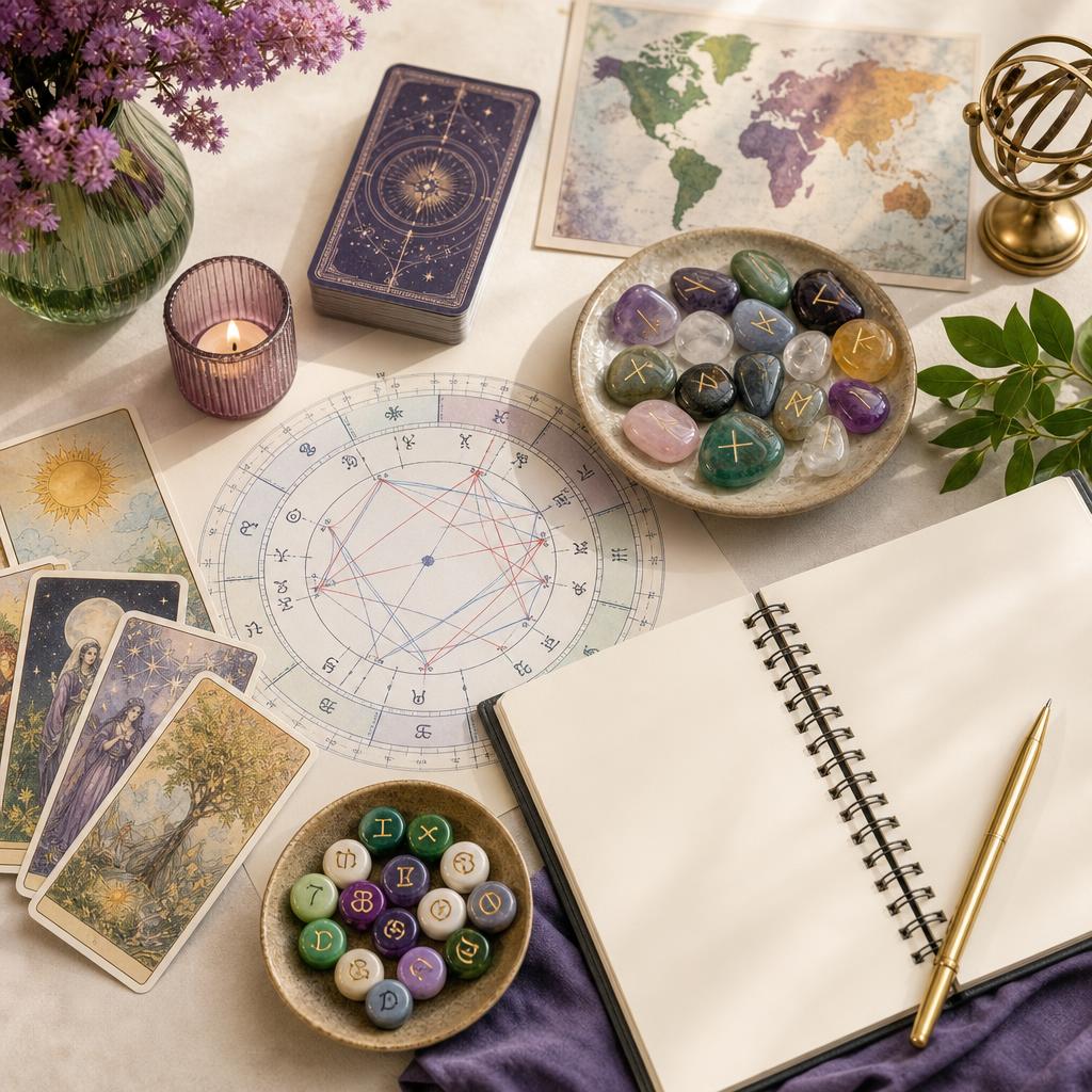 Tarot cards, runes, numerology notes and a birth chart arranged around an open life planner