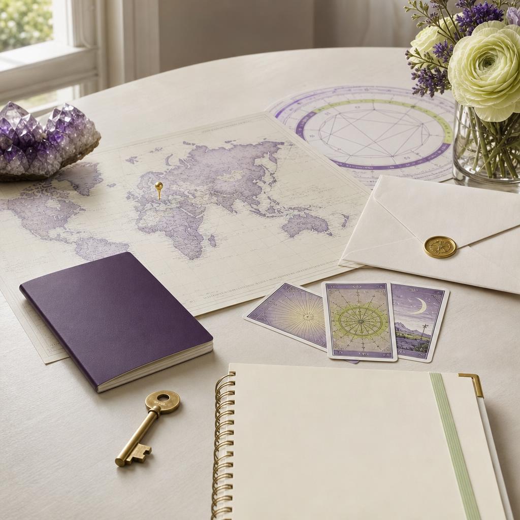 A map of Lisbon, natal chart, tarot cards and an action plan arranged on an elegant desk