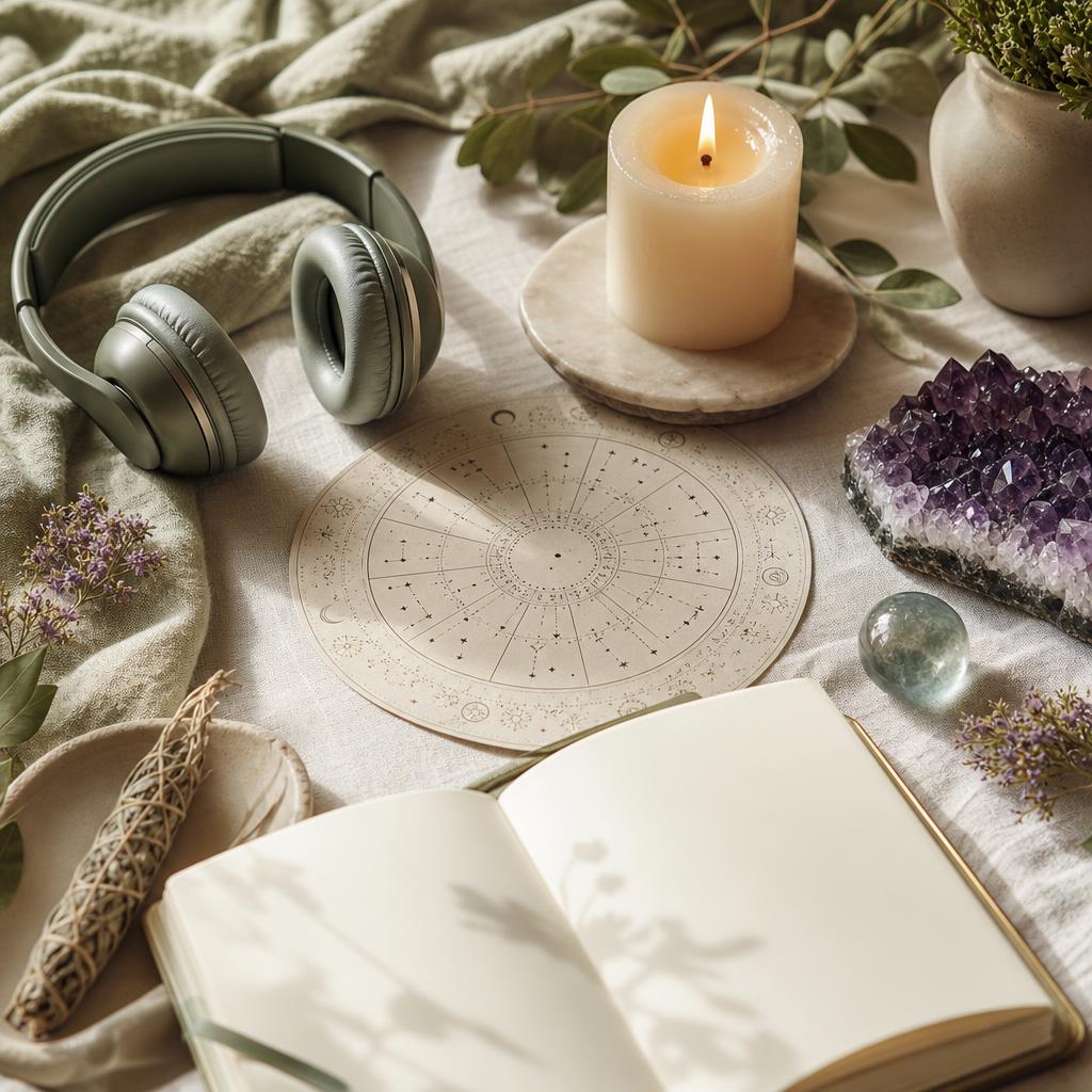 Headphones, a natal chart and a gold microphone beside a visualization script on a warm desk