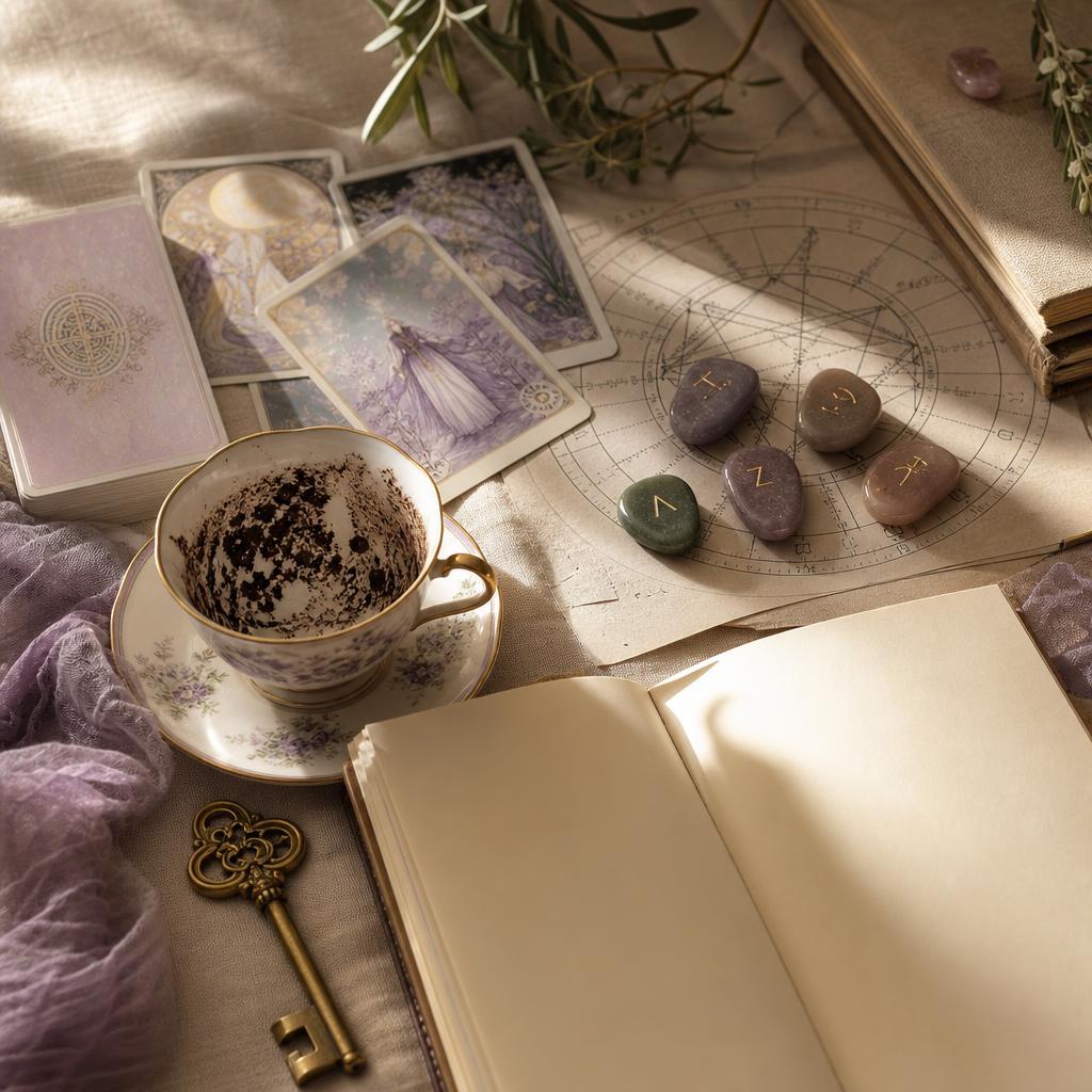 Tarot cards, runes, coffee symbols and an open planner beside flowers and a gold pen