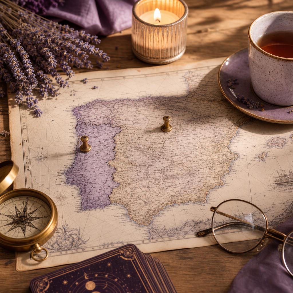 A vintage map of Portugal and Spain on a sunlit table with brass pins, a compass and a lit candle