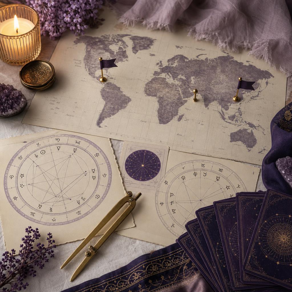 A world map with two flagged cities, two printed natal chart wheels, a brass divider and face-down tarot cards