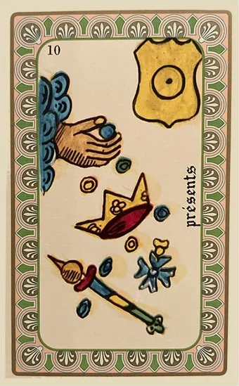 Oracle Belline card 10, Les Présents, printed with its Sun planet emblem