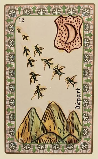 Oracle Belline card 12, Le Départ, printed with its Moon planet emblem