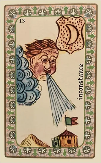 Oracle Belline card 13, L'Inconstance, printed with its Moon planet emblem