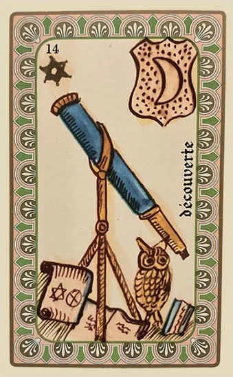 Oracle Belline card 14, La Découverte, printed with its Moon planet emblem