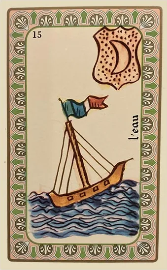 Oracle Belline card 15, L'Eau, printed with its Moon planet emblem