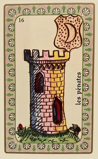 Oracle Belline card 16, Les Pénates, printed with its Moon planet emblem