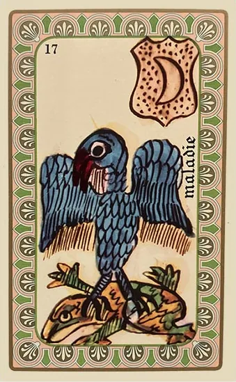 Oracle Belline card 17, La Maladie, printed with its Moon planet emblem