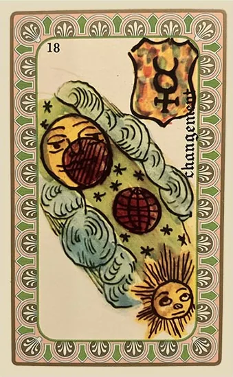 Oracle Belline card 18, Le Changement, printed with its Mercury planet emblem