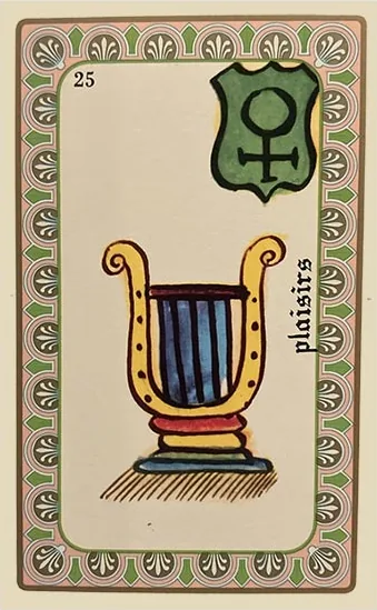 Oracle Belline card 25, Les Plaisirs, printed with its Venus planet emblem