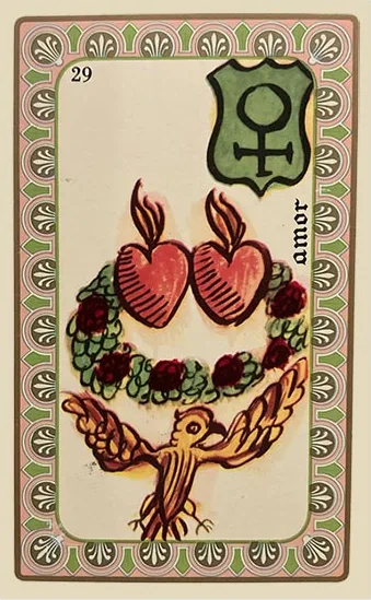 Oracle Belline card 29, L'Amour, printed with its Venus planet emblem