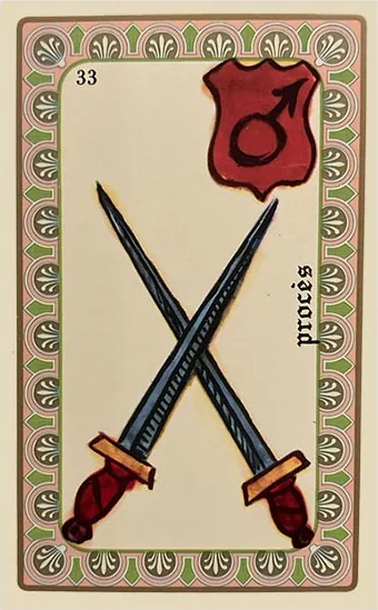 Oracle Belline card 33, Le Procès, printed with its Mars planet emblem
