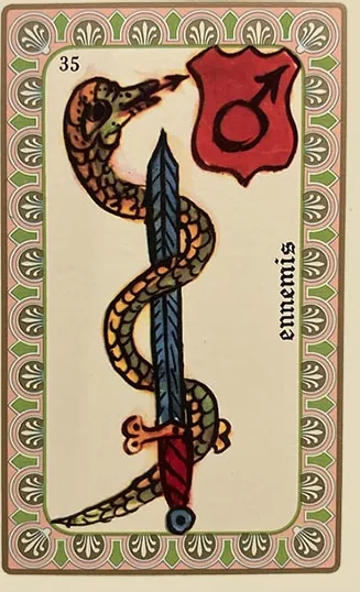 Oracle Belline card 35, Les Ennemis, printed with its Mars planet emblem