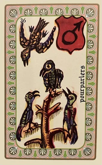 Oracle Belline card 36, Les Pourparlers, printed with its Mars planet emblem
