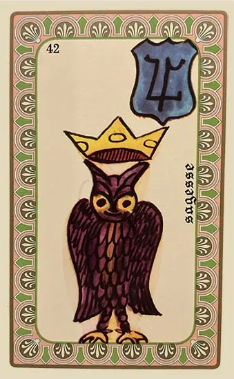Oracle Belline card 42, La Sagesse, printed with its Jupiter planet emblem