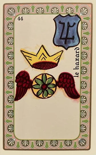 Oracle Belline card 44, Le Hasard, printed with its Jupiter planet emblem