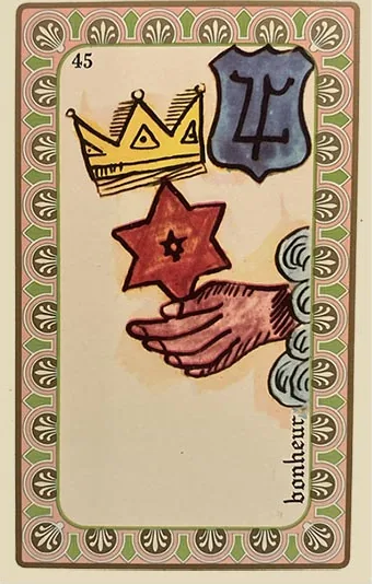 Oracle Belline card 45, Le Bonheur, printed with its Jupiter planet emblem