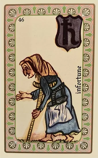 Oracle Belline card 46, L'Infortune, printed with its Saturn planet emblem