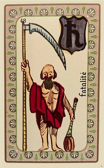 Oracle Belline card 48, La Fatalité, printed with its Saturn planet emblem