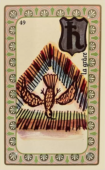 Oracle Belline card 49, La Grâce, printed with its Saturn planet emblem