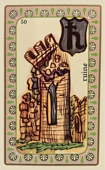 Oracle Belline card 50, La Ruine, printed with its Saturn planet emblem