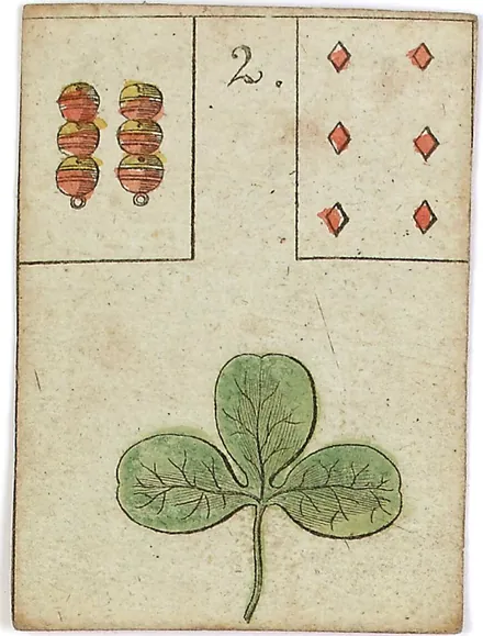 Hechtel's Game of Hope, card 2, the Clover, with playing-card insets, hand-coloured, 1799