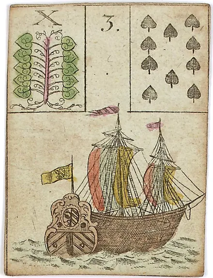 Hechtel's Game of Hope, card 3, the Ship, with playing-card insets, hand-coloured, 1799