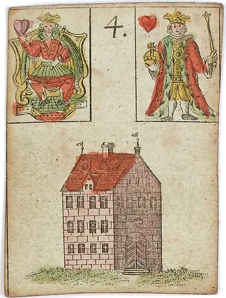 Hechtel's Game of Hope, card 4, the House, with playing-card insets, hand-coloured, 1799
