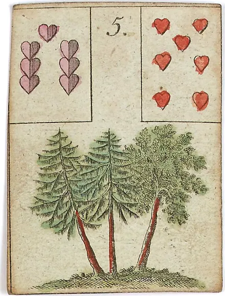Hechtel's Game of Hope, card 5, the Tree, with playing-card insets, hand-coloured, 1799
