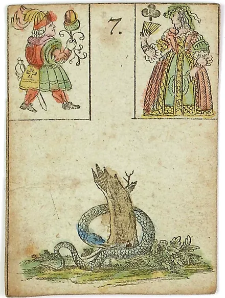 Hechtel's Game of Hope, card 7, the Snake, with playing-card insets, hand-coloured, 1799