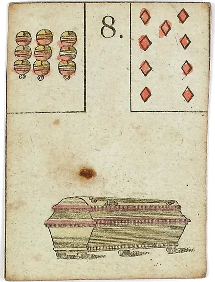 Hechtel's Game of Hope, card 8, the Coffin, with playing-card insets, hand-coloured, 1799