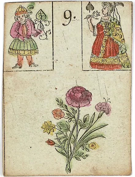 Hechtel's Game of Hope, card 9, the Bouquet, with playing-card insets, hand-coloured, 1799