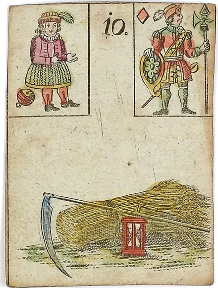 Hechtel's Game of Hope, card 10, the Scythe, with playing-card insets, hand-coloured, 1799