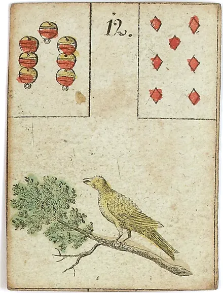 Hechtel's Game of Hope, card 12, the Birds, with playing-card insets, hand-coloured, 1799