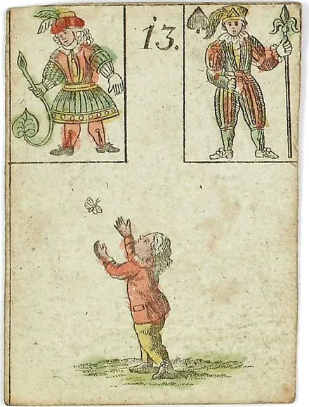 Hechtel's Game of Hope, card 13, the Child, with playing-card insets, hand-coloured, 1799