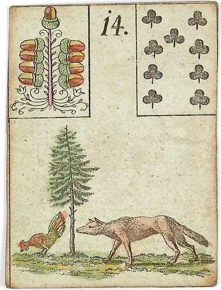Hechtel's Game of Hope, card 14, the Fox, with playing-card insets, hand-coloured, 1799