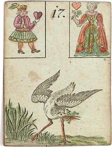 Hechtel's Game of Hope, card 17, the Stork, with playing-card insets, hand-coloured, 1799