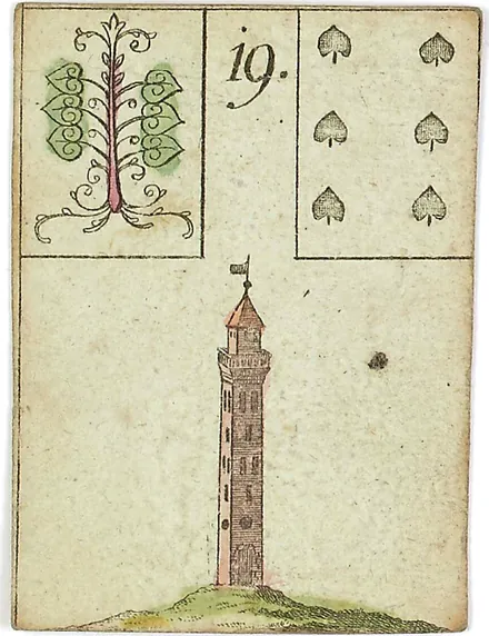 Hechtel's Game of Hope, card 19, the Tower, with playing-card insets, hand-coloured, 1799