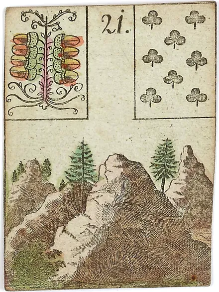 Hechtel's Game of Hope, card 21, the Mountain, with playing-card insets, hand-coloured, 1799
