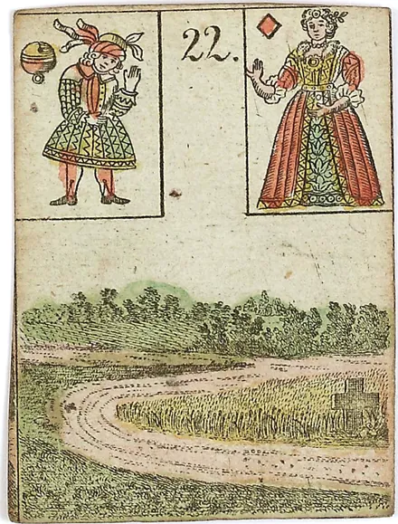Hechtel's Game of Hope, card 22, the Crossroads, with playing-card insets, hand-coloured, 1799
