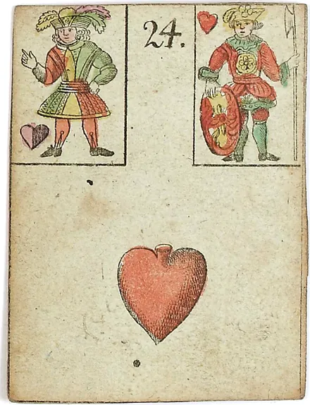 Hechtel's Game of Hope, card 24, the Heart, with playing-card insets, hand-coloured, 1799