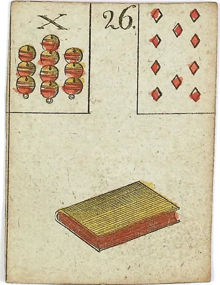 Hechtel's Game of Hope, card 26, the Book, with playing-card insets, hand-coloured, 1799