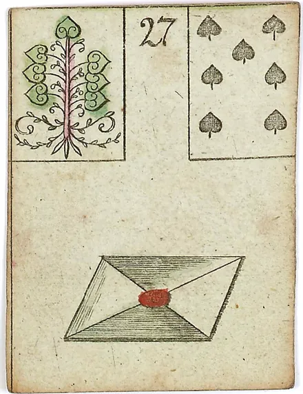 Hechtel's Game of Hope, card 27, the Letter, with playing-card insets, hand-coloured, 1799