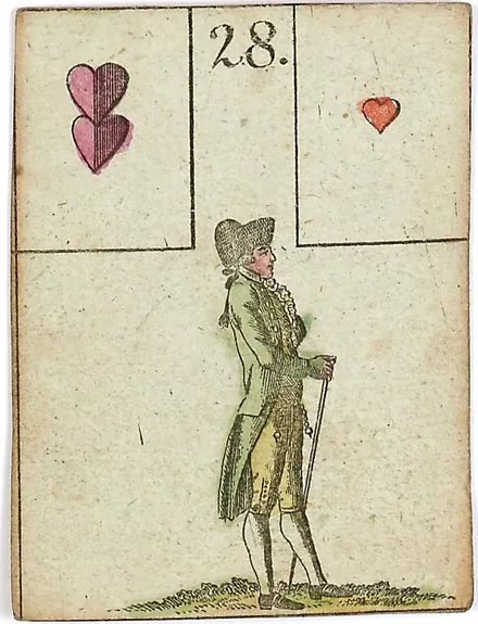 Hechtel's Game of Hope, card 28, the Man, with playing-card insets, hand-coloured, 1799
