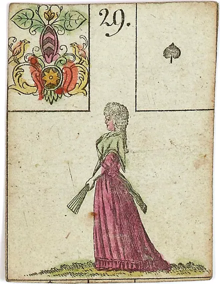 Hechtel's Game of Hope, card 29, the Woman, with playing-card insets, hand-coloured, 1799
